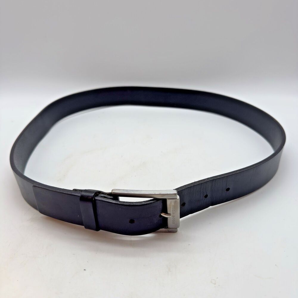 Hugo Boss Black Cow Leather Belt Men's 38 Engraved HB Silver Tone Buckle 5128 - Picture 13 of 14